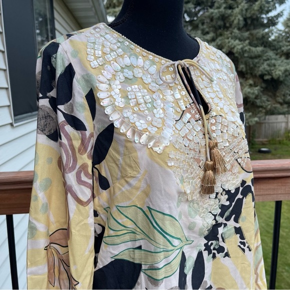 Soft Surroundings Vigne Tropical Yellow Black Shell Tunic Blouse Pearl Sz Small - Picture 4 of 10